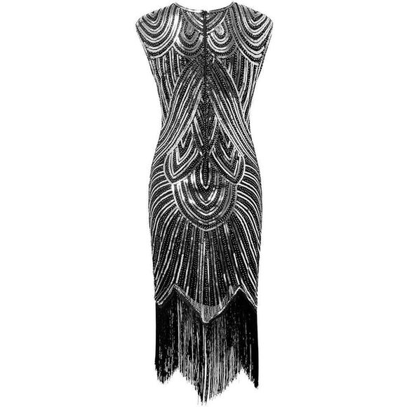 ✨ Flapper Great Gatsby Roaring 1920s Retro Tassel Fringe Silver Sequin Dress NEW - Picture 16 of 17